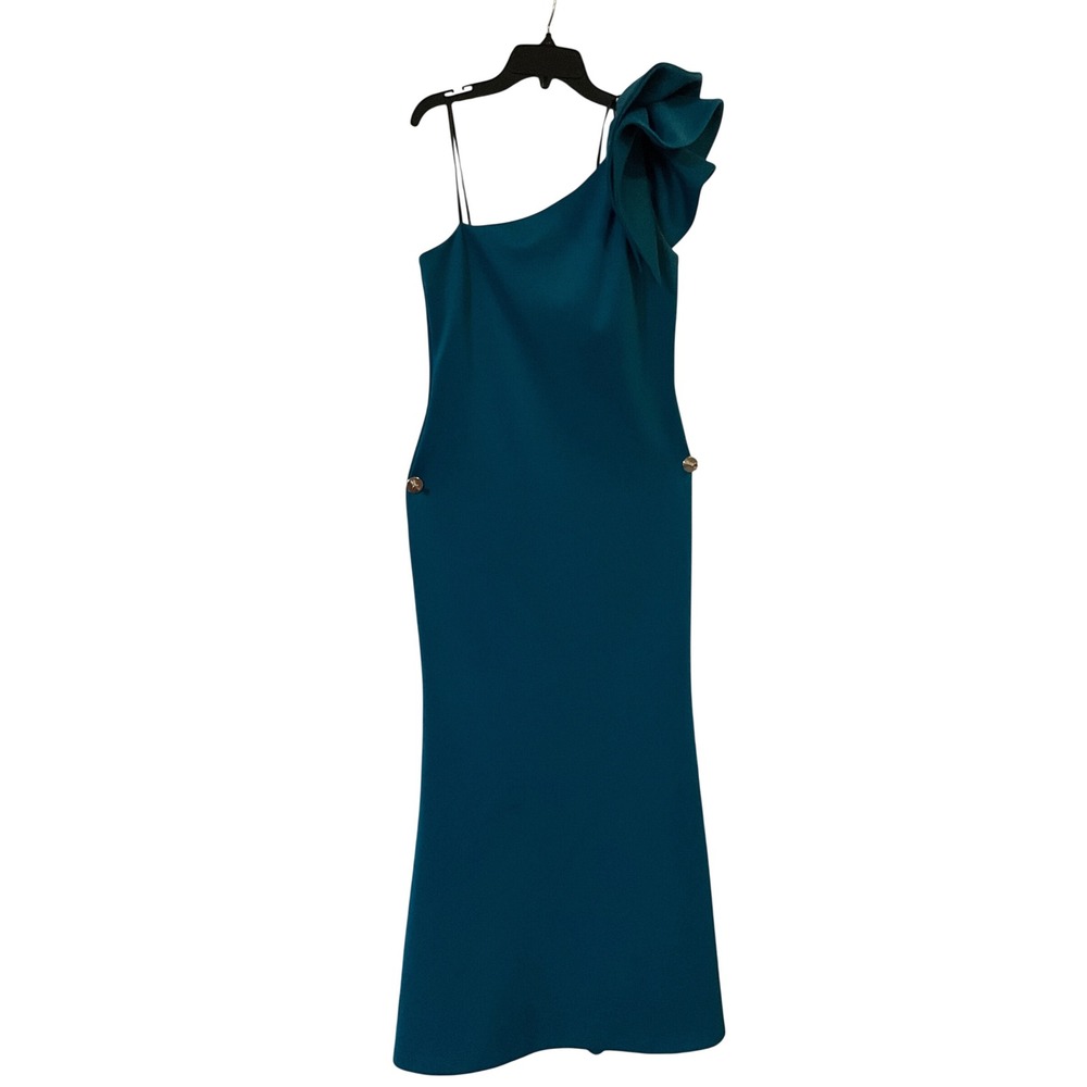 As is One Shoulder Ruffle Scuba Crepe Gown Teal Formal Maxi Dress Gold Buttons